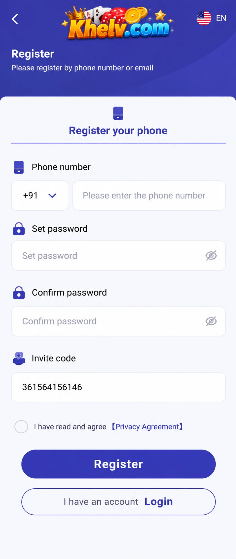 Khelv registration screen