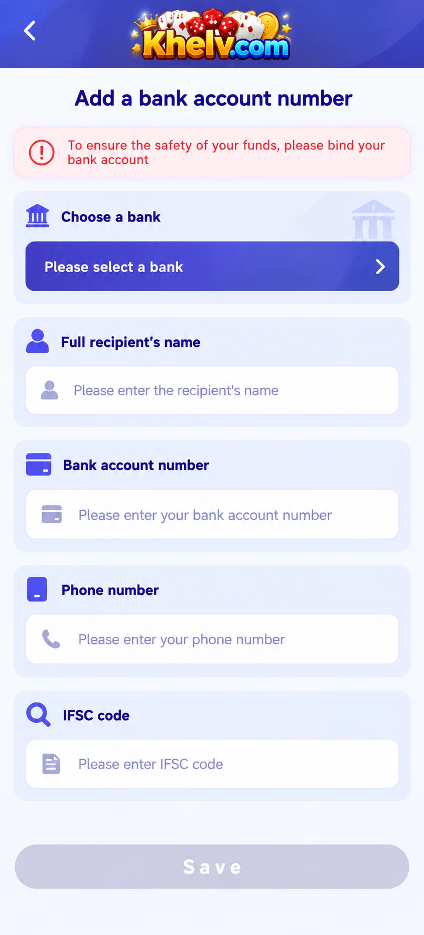 Khelv bank-account details form